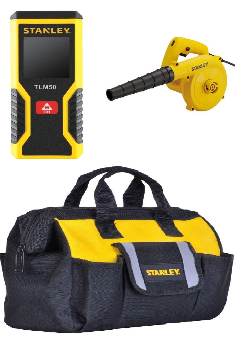 Stanley Stanley Tool Bag Black and Yellow 12inch with15M Laser Distance Measure STHT1-77409 and Stanley STPT600 Variable Speed Air Blower - 600 Watts - Image 1