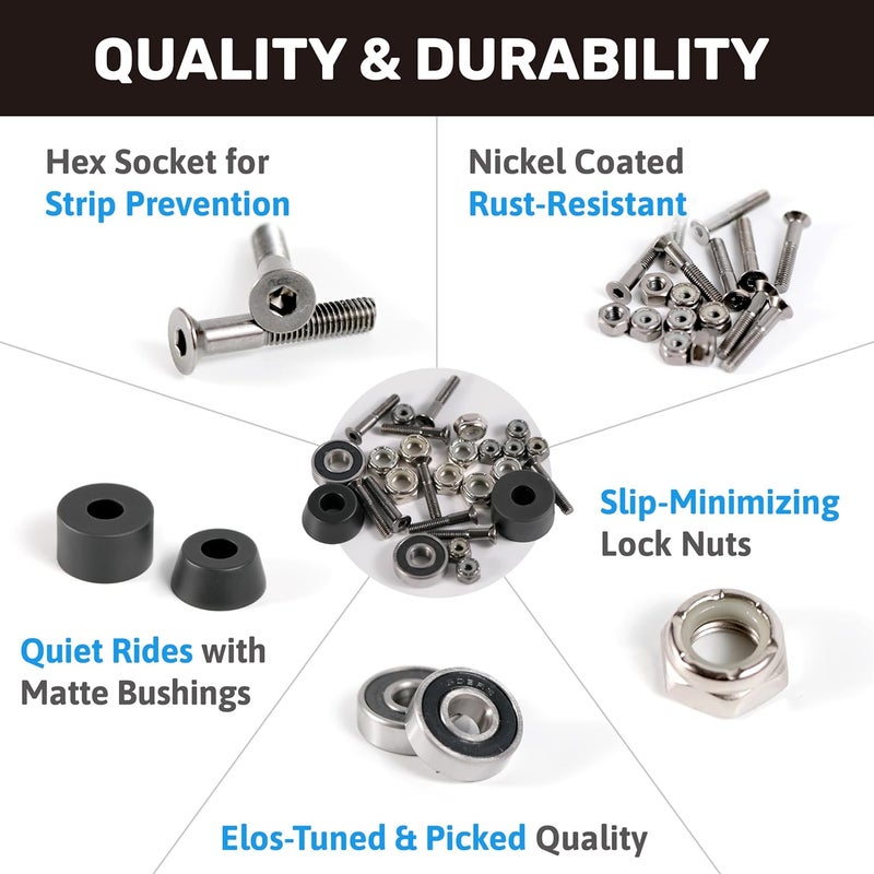 Elos Skateboard Hardware Kit - Trucks Mounting Hardware, Skateboard Bearing, Bushings, Kingpin, Pivot Cups, Truck Nuts, Bolts, Skateboard Accessories & Skate Part - Image 3