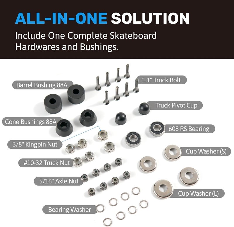 Elos Skateboard Hardware Kit - Trucks Mounting Hardware, Skateboard Bearing, Bushings, Kingpin, Pivot Cups, Truck Nuts, Bolts, Skateboard Accessories & Skate Part - Image 2