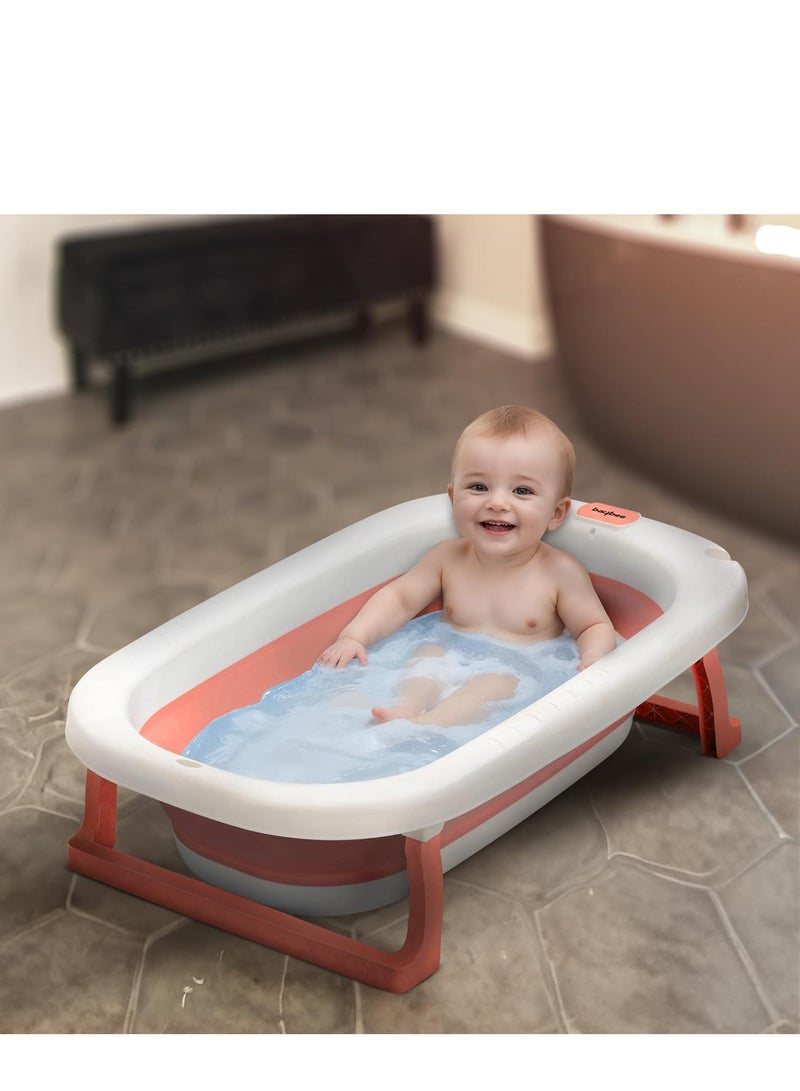 BAYBEE Foldable Baby Bath Tub With Anti-Skid Base, Temperature Sensing Water Plug And Wall Mountable Bathtub For Baby 0-3 Years, Pink - Image 1