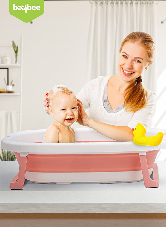 BAYBEE Foldable Baby Bath Tub With Anti-Skid Base, Temperature Sensing Water Plug And Wall Mountable Bathtub For Baby 0-3 Years, Pink - Image 2