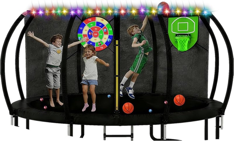 Sumapner Trampoline Accessories Kit Kids,Basketball Hoop with 3 Mini Basketballs,50FT Solar Lights Fit 8 10 12 14 15 16FT Trampoline Outdoor 8 Mode,Choose from 2 Kits with Sprinkler or Dart Board & Glow Net - Image 1