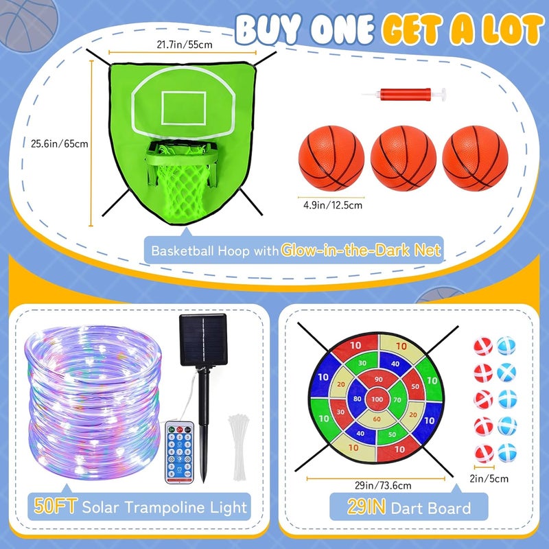Sumapner Trampoline Accessories Kit Kids,Basketball Hoop with 3 Mini Basketballs,50FT Solar Lights Fit 8 10 12 14 15 16FT Trampoline Outdoor 8 Mode,Choose from 2 Kits with Sprinkler or Dart Board & Glow Net - Image 2