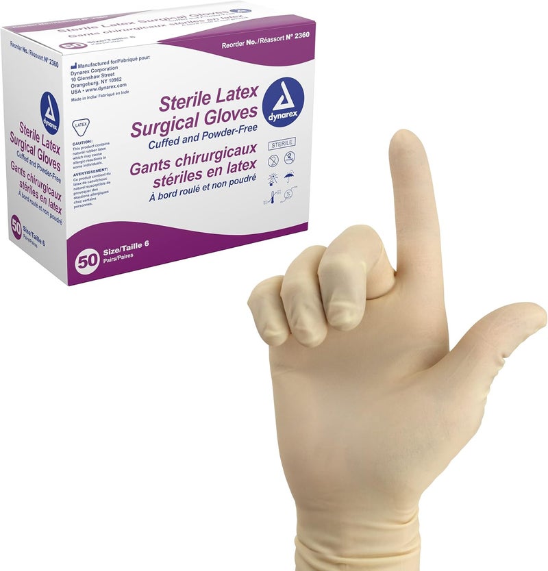 Dynarex Sterile Disposable Latex Surgical Gloves, Powder-Free, Sterilely Packaged in Pairs, Professional Medical and Healthcare Use, Veterinary Clinic, Bisque, Size 6.0, 1 Box of 50 Pairs of Gloves - Image 1