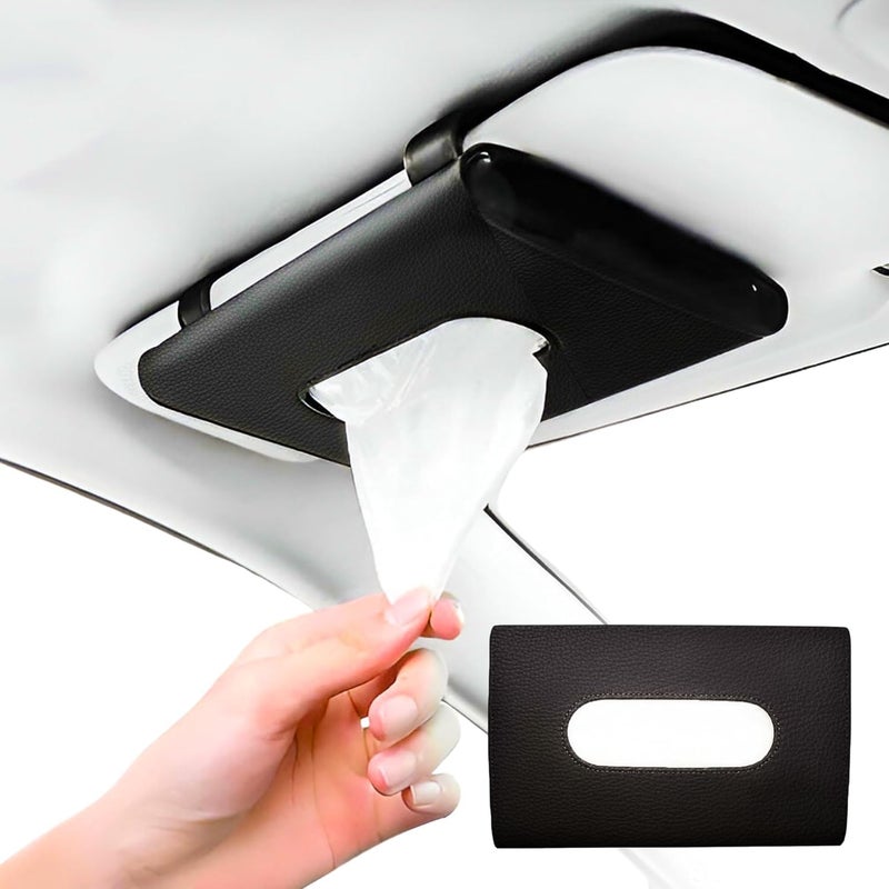 MOHILAA Car Tissue Holder for Sun Visor – PU Leather Tissue Case for Car, Truck, Backseat & Headrest | Visor Napkin Dispenser for Easy Access & Interior Organization (Plain Black) - Image 1