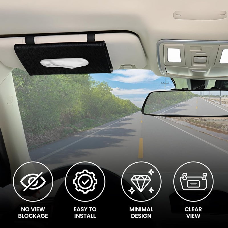 MOHILAA Car Tissue Holder for Sun Visor – PU Leather Tissue Case for Car, Truck, Backseat & Headrest | Visor Napkin Dispenser for Easy Access & Interior Organization (Plain Black) - Image 2