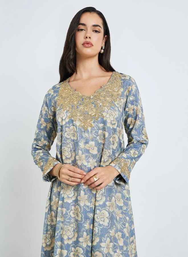 Amirah Women Blue Floral Print Embroidered Jalabiya