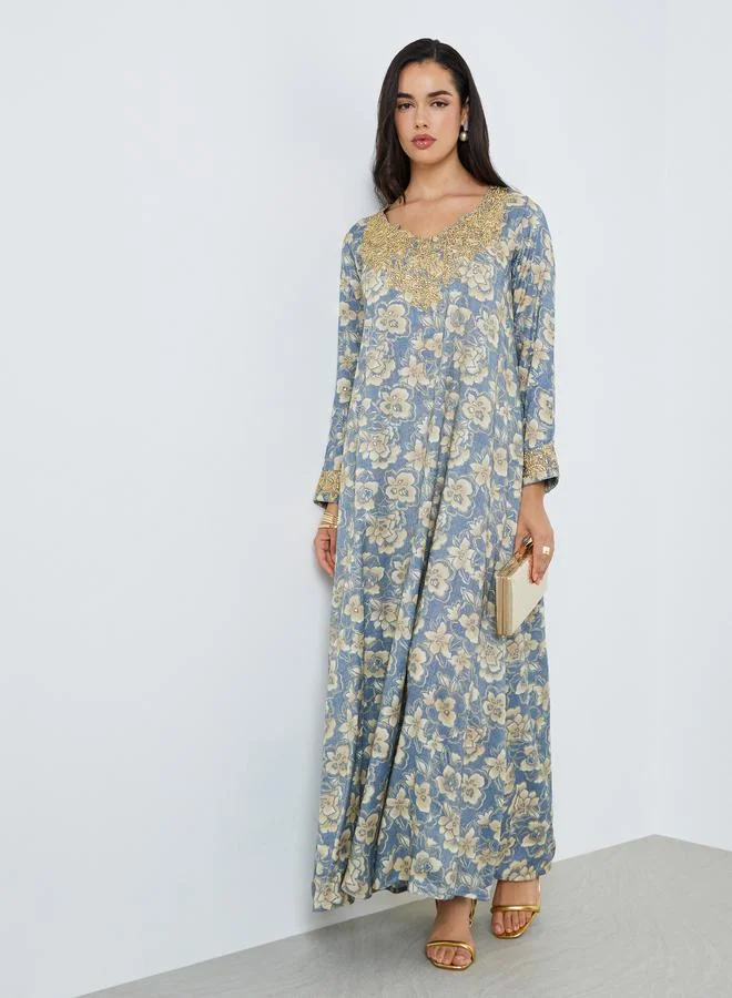 Amirah Women Blue Floral Print Embroidered Jalabiya