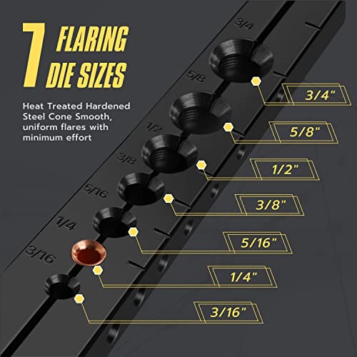 Flexzion Flaring Tools Set Tubing Pipe 8 Dies Sizes 3/16-3/4inch 45 Degree Angle Eccentric Cone Type Kit with Copper Brass Aluminum Mild Steel for Water Gas Refrigeration Brake Line Applications - Image 4