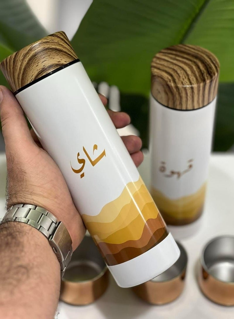 Arabic Tea Bottle With 2 Cups Set，Tea Travel Mug Tumbler ， Stainless Steel Vacuum Insulated Thermos Cup with Spill Proof Lid,(500ml) (Half White)  - Image 1