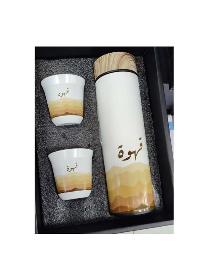Arabic Tea Bottle With 2 Cups Set，Tea Travel Mug Tumbler ， Stainless Steel Vacuum Insulated Thermos Cup with Spill Proof Lid,(500ml) (Half White)  - Image 4