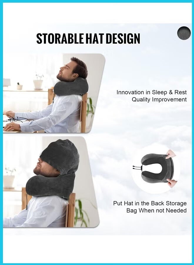 AGREON Travel Pillow, Neck Pillow for Travel with Hood for Airplane, Velvet Memory Foam Neck Pillow Adult Head & Neck Support, for Long Flights Plane, Office, Cars Sleeping & Rest (Black) - Image 3