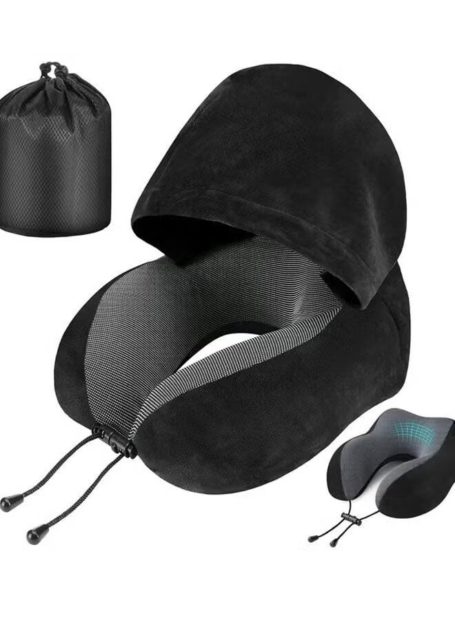 AGREON Travel Pillow, Neck Pillow for Travel with Hood for Airplane, Velvet Memory Foam Neck Pillow Adult Head & Neck Support, for Long Flights Plane, Office, Cars Sleeping & Rest (Black) - Image 1