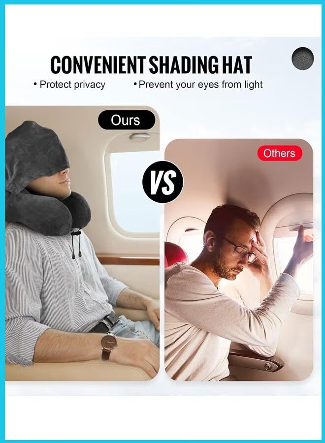 AGREON Travel Pillow, Neck Pillow for Travel with Hood for Airplane, Velvet Memory Foam Neck Pillow Adult Head & Neck Support, for Long Flights Plane, Office, Cars Sleeping & Rest (Black) - Image 2