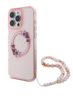 GUESS iPhone 16 Pro Max Magsafe Case IML Hard Cover with Flower Wreath Design & Pearl Strap / Shock Absorption / Precise Cutouts / Slim and Lightweight Back Cover - Pink  - Image 1