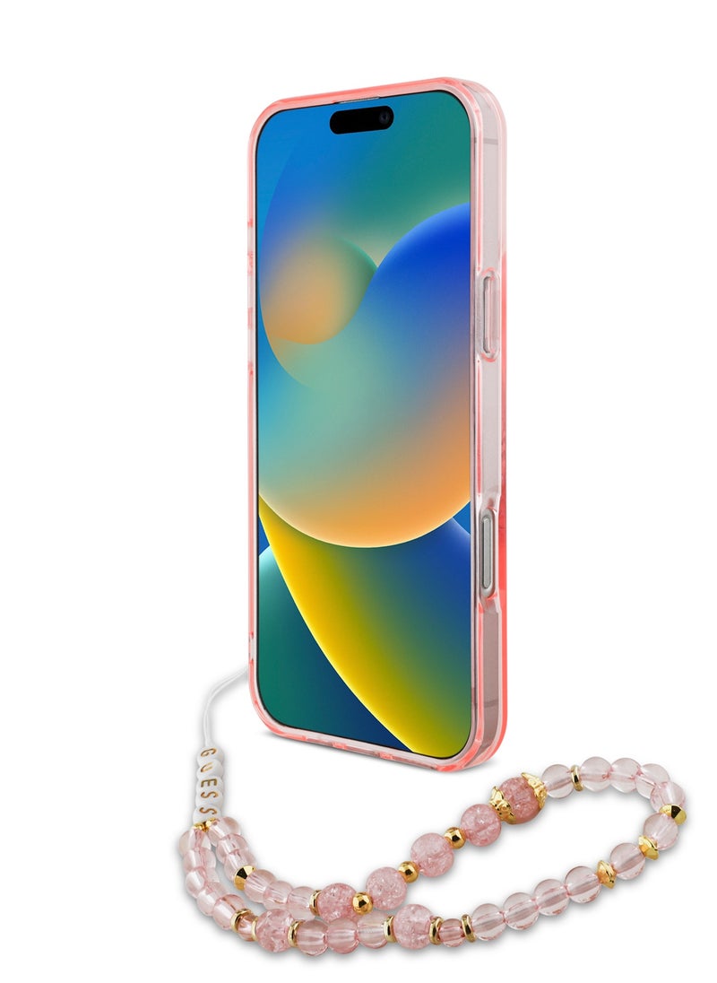 GUESS - iPhone 16 Pro Max Magsafe Case IML Hard Cover with Flower Wreath Design & Pearl Strap / Shock Absorption / Precise Cutouts / Slim and Lightweight Back Cover - Pink - Image 1