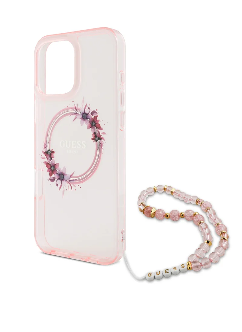 GUESS iPhone 16 Pro Max Magsafe Case IML Hard Cover with Flower Wreath Design & Pearl Strap / Shock Absorption / Precise Cutouts / Slim and Lightweight Back Cover - Pink