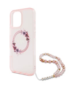 GUESS iPhone 16 Pro Max Magsafe Case IML Hard Cover with Flower Wreath Design & Pearl Strap / Shock Absorption / Precise Cutouts / Slim and Lightweight Back Cover - Pink  - Image 2
