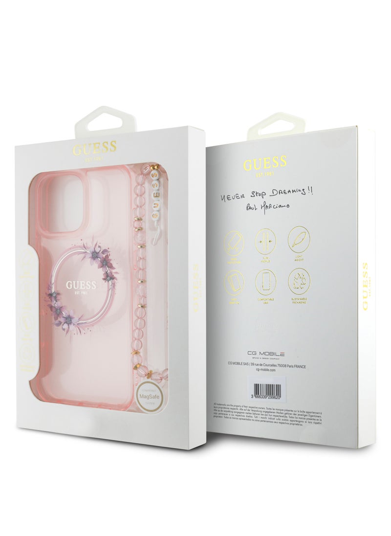 GUESS - iPhone 16 Pro Max Magsafe Case IML Hard Cover with Flower Wreath Design & Pearl Strap / Shock Absorption / Precise Cutouts / Slim and Lightweight Back Cover - Pink - Image 1