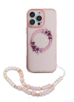 GUESS iPhone 16 Pro Max Magsafe Case IML Hard Cover with Flower Wreath Design & Pearl Strap / Shock Absorption / Precise Cutouts / Slim and Lightweight Back Cover - Pink  - Image 3