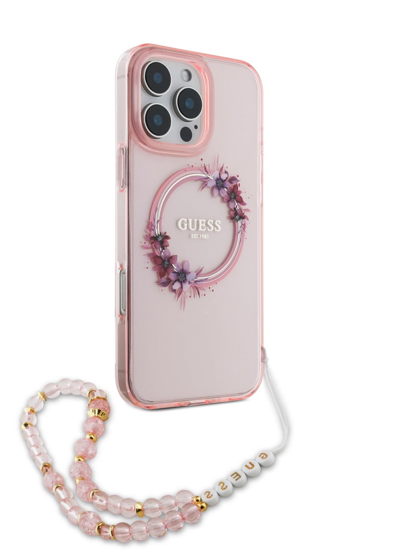 GUESS - iPhone 16 Pro Max Magsafe Case IML Hard Cover with Flower Wreath Design & Pearl Strap / Shock Absorption / Precise Cutouts / Slim and Lightweight Back Cover - Pink - Image 1
