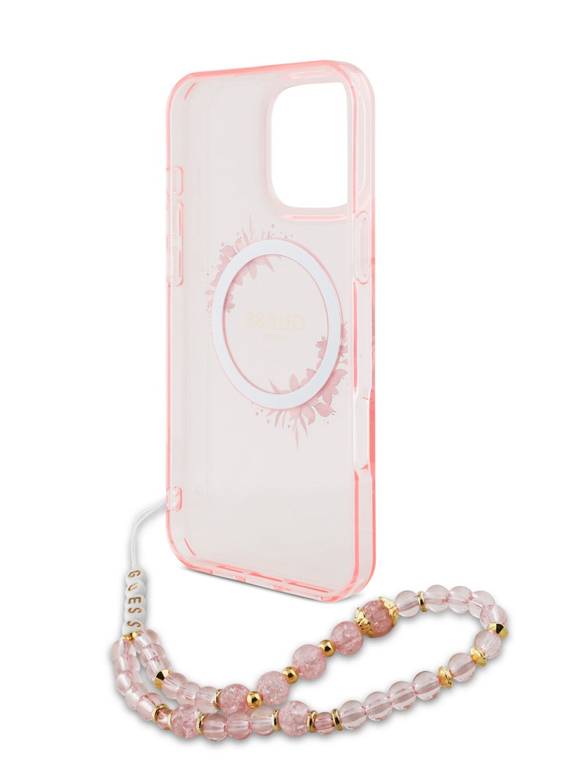 GUESS - iPhone 16 Pro Max Magsafe Case IML Hard Cover with Flower Wreath Design & Pearl Strap / Shock Absorption / Precise Cutouts / Slim and Lightweight Back Cover - Pink - Image 1