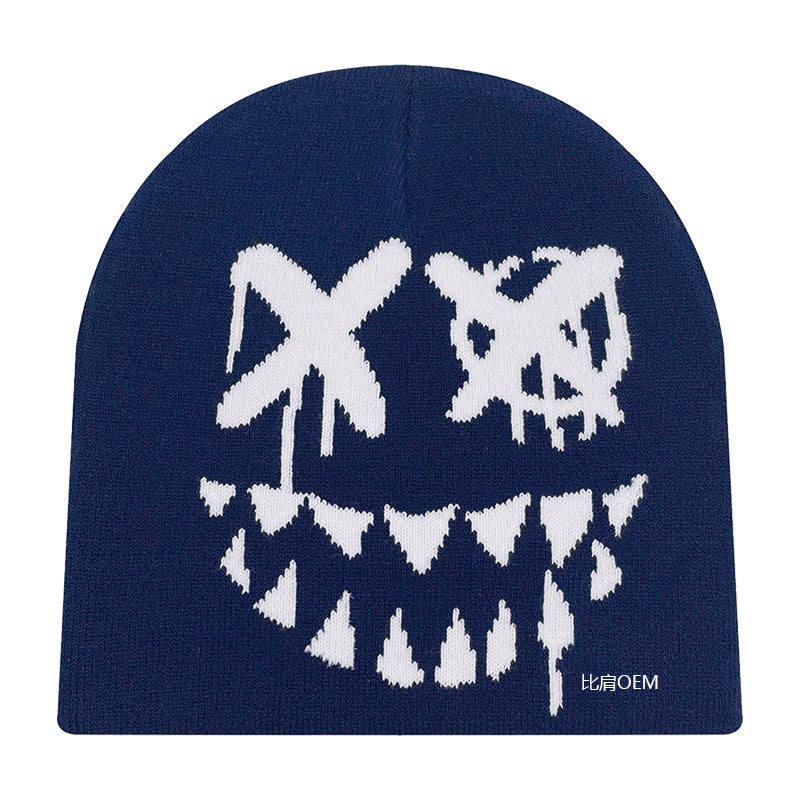 New Style Pumpkin Ghost Jacquardknit Hat Unique Pullover Cap For Halloween Party Cross-Border Supply Warm Skullies Beanies Navy blue and white 