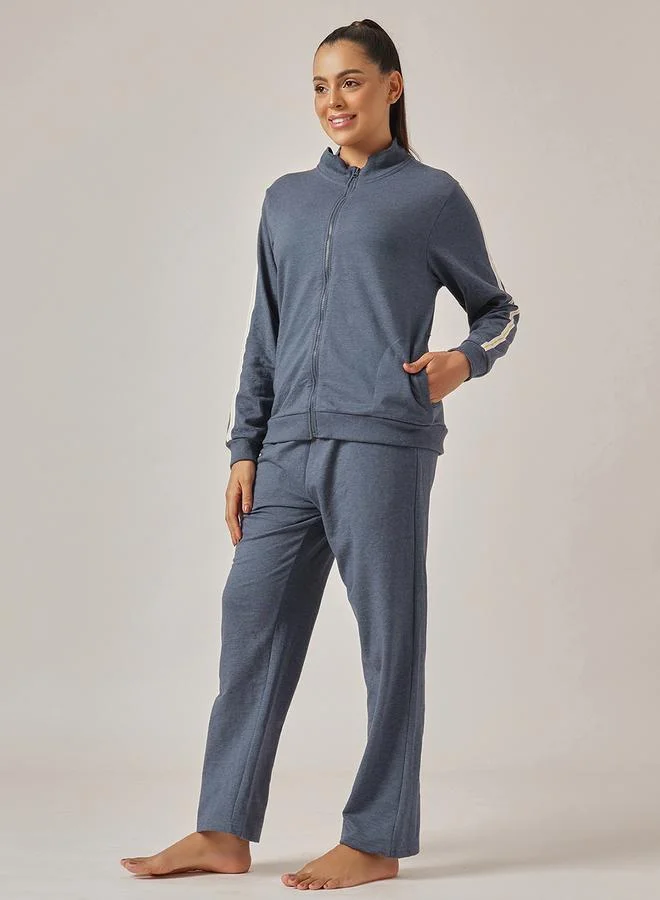 Clovia  Navy Blue Knitted Tracksuit Pyjama Set with Side Stripes for Women | Best Price UAE
