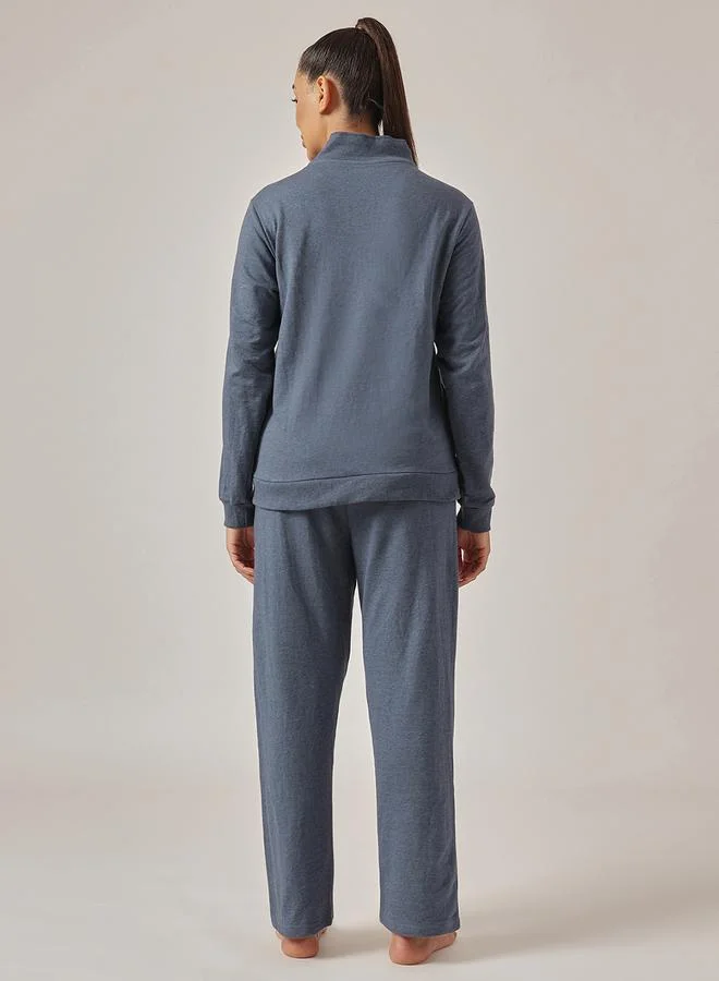 Clovia  Navy Blue Knitted Tracksuit Pyjama Set with Side Stripes for Women | Best Price UAE