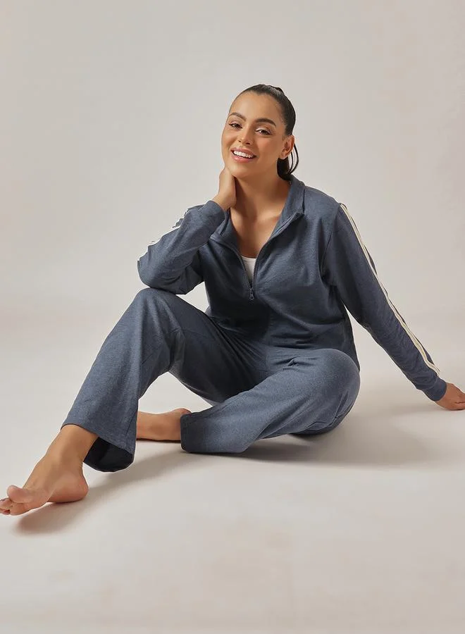 كلوفيا Navy Blue Knitted Tracksuit Pyjama Set with Side Stripes