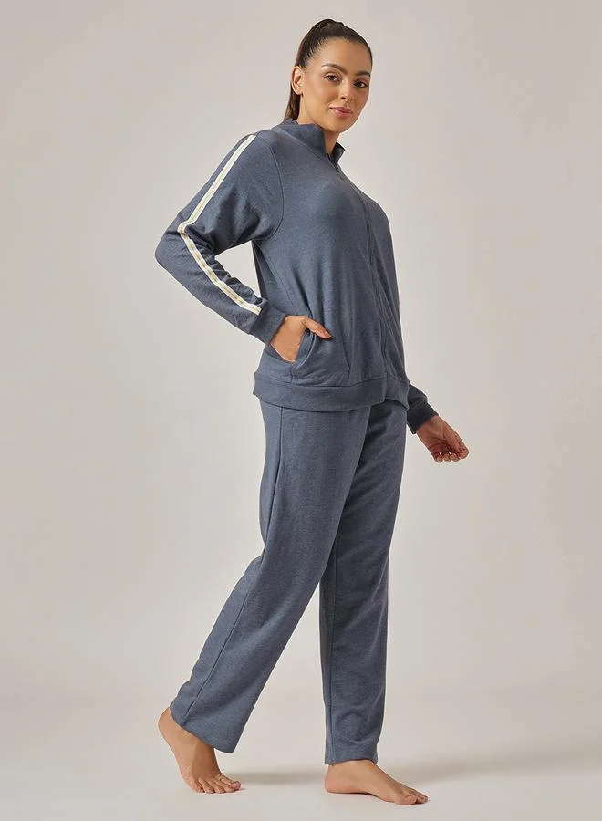 Clovia  Navy Blue Knitted Tracksuit Pyjama Set with Side Stripes for Women | Best Price UAE