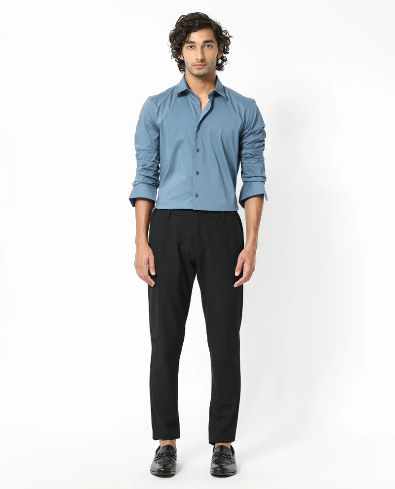 Rare Rabbit Rare Rabbit Mens Benedict Light Blue Cotton Stretch Drop Collar Full Sleeve Solid Shirt