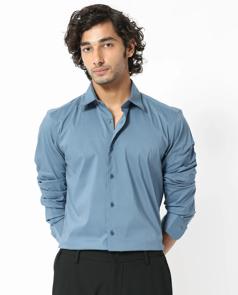 Rare Rabbit Rare Rabbit Mens Benedict Light Blue Cotton Stretch Drop Collar Full Sleeve Solid Shirt