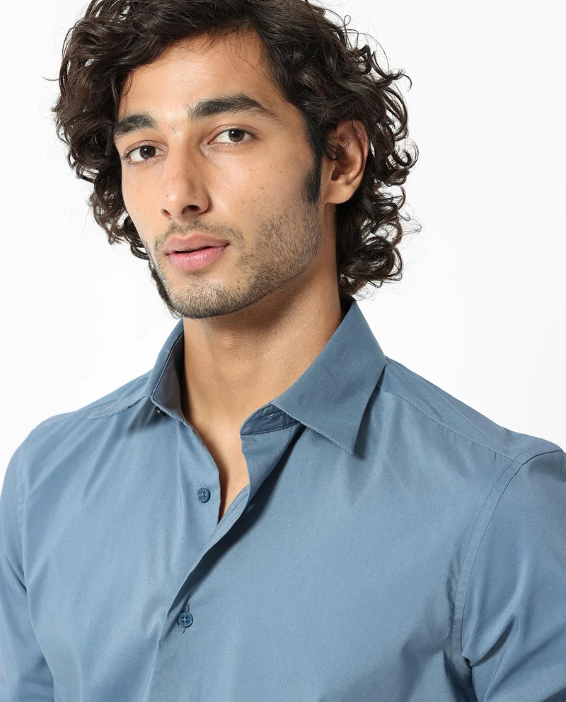Rare Rabbit Rare Rabbit Mens Benedict Light Blue Cotton Stretch Drop Collar Full Sleeve Solid Shirt