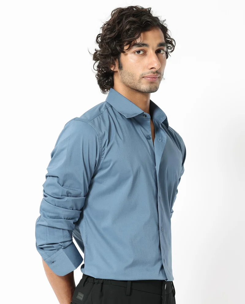 Rare Rabbit Rare Rabbit Mens Benedict Light Blue Cotton Stretch Drop Collar Full Sleeve Solid Shirt