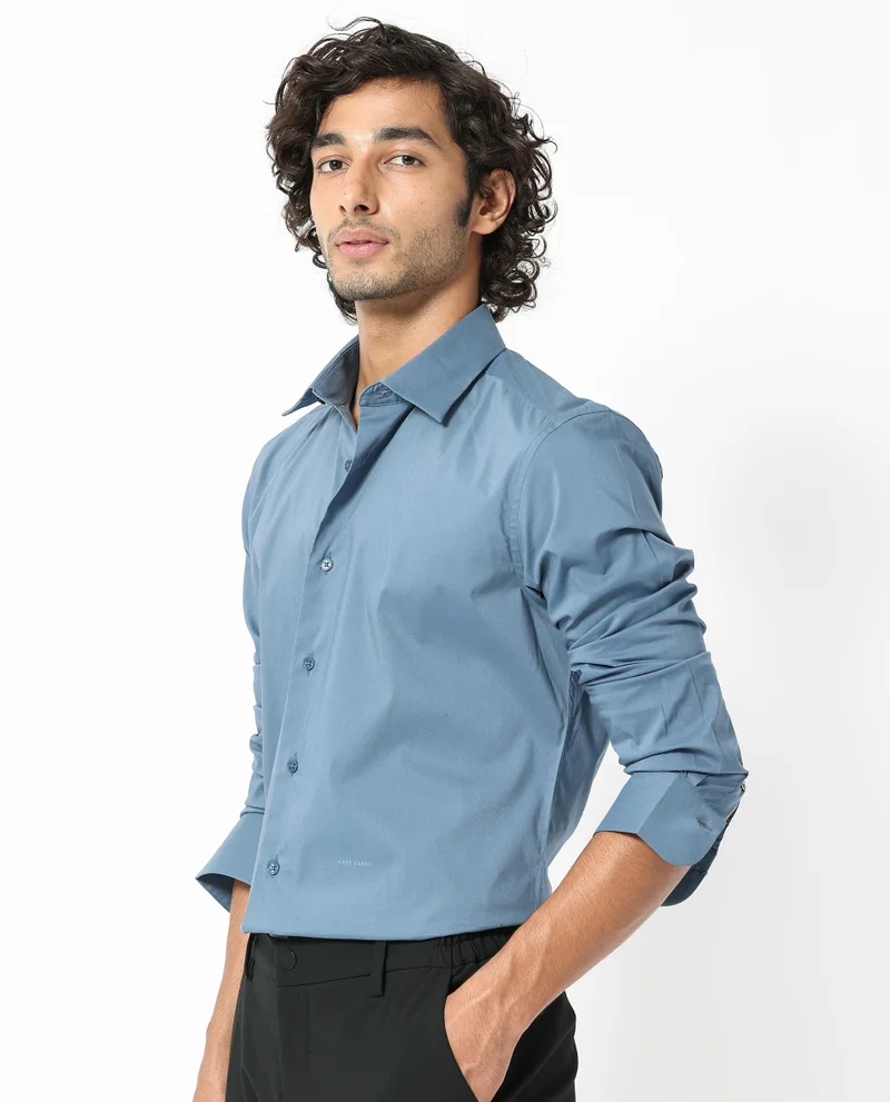 Rare Rabbit Rare Rabbit Mens Benedict Light Blue Cotton Stretch Drop Collar Full Sleeve Solid Shirt