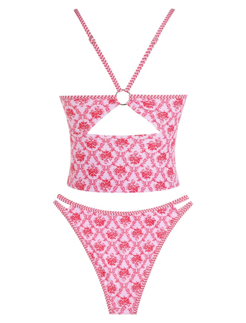 ZAFUL Tankini Swimsuits for Women V Neck Dual Straps Cropped Bikini Swimsuit High Cut 2 Pieces Bathing Suit (2-Floral Red, M) - Image 4