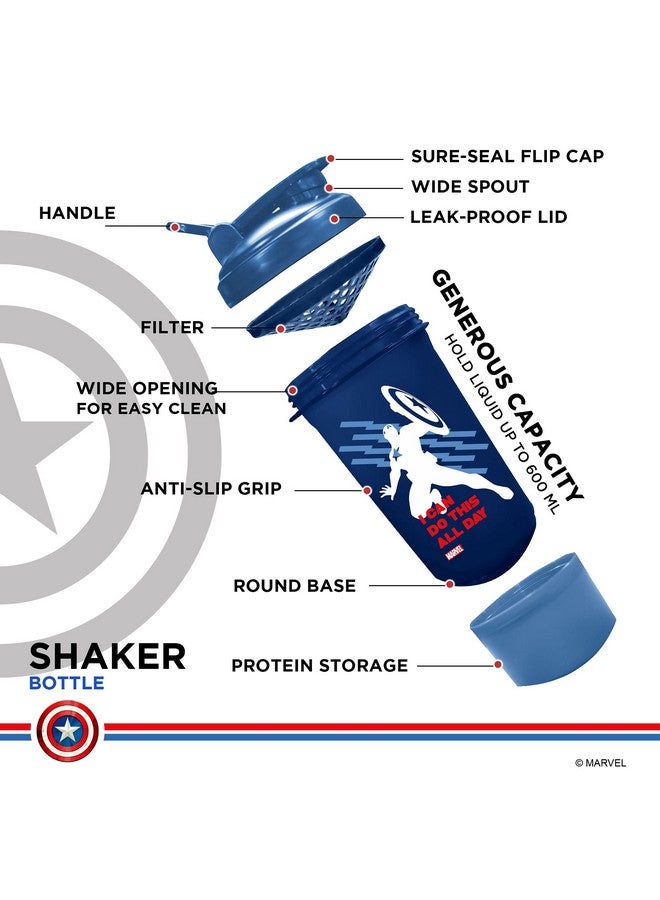 PowerMax Fitness زجاجة هزاز باورماكس فيتنس إكس مارفل MSB-6S كابتن أمريكا إصدار مارفل 600 مل، ضمان 100% ضد التسرب، زجاجة شرب مثالية للبروتين، قبل التمرين و BCAAS، خالية من BPA، بلاستيك (أزرق، عبوة من 1) - Image 4