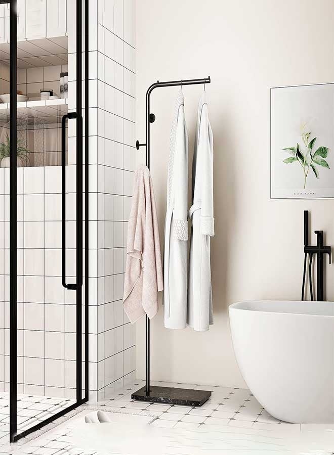 رَوَائِد حامل ملابس أسود قائم بذاته من المعدن، مزوّد بقضيب و3 خطافات، حامل ملابس عصري بقاعدة رخامية، تصميم على شكل حرف L، مناسب للمدخل وغرفة النوم وغرفة المعيشة والمكتب.  Research modern L-shaped clothes racks 多花几分钟，获取更佳结果 - Image 3