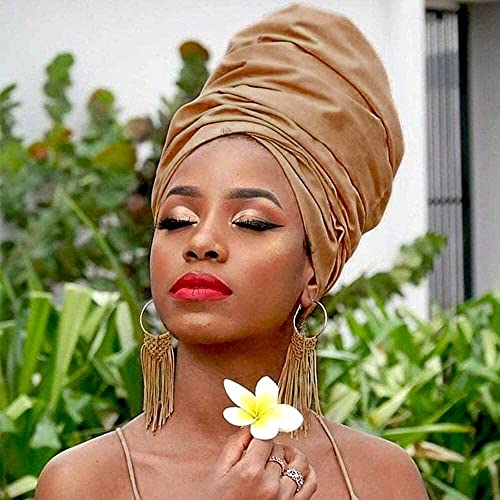Youme 4 Packs Stretch Jersey Turban Head Wrap Scarf African Headwraps for Women Head Wraps Long Hair Scarf Ultra Soft Breathable Solid Color Turban Tie Large Headband (Black Dark Grey Light Brown Blue) - Image 4
