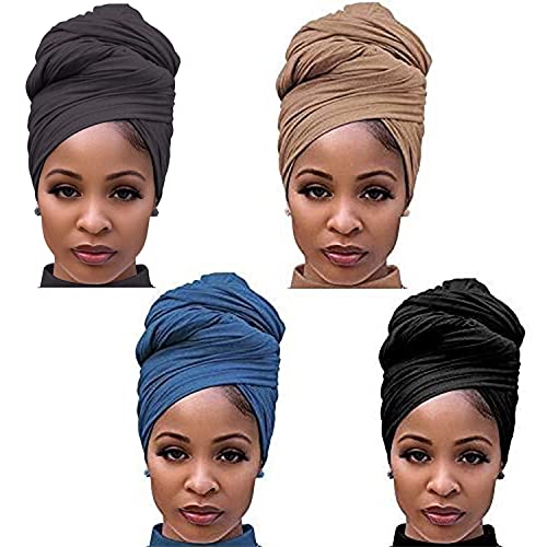 Youme 4 Packs Stretch Jersey Turban Head Wrap Scarf African Headwraps for Women Head Wraps Long Hair Scarf Ultra Soft Breathable Solid Color Turban Tie Large Headband (Black Dark Grey Light Brown Blue) - Image 1