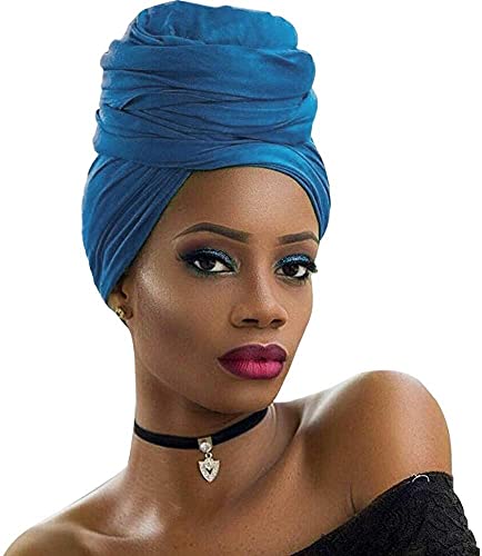 Youme 4 Packs Stretch Jersey Turban Head Wrap Scarf African Headwraps for Women Head Wraps Long Hair Scarf Ultra Soft Breathable Solid Color Turban Tie Large Headband (Black Dark Grey Light Brown Blue) - Image 5