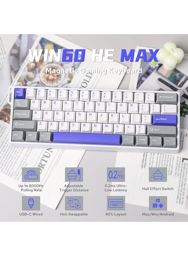 ابوماكر لوحة مفاتيح EPOMAKER AULA WIN60 HE 60% سلكية مغناطيسية مع إمكانية تعديل التفعيل، ومعدل استجابة 8000 هرتز، ومفاتيح تأثير هول، وقابلة للتبديل السريع، لألعاب إطلاق النار من منظور الشخص الأول (رمادي وأبيض وأزرق) - Image 2