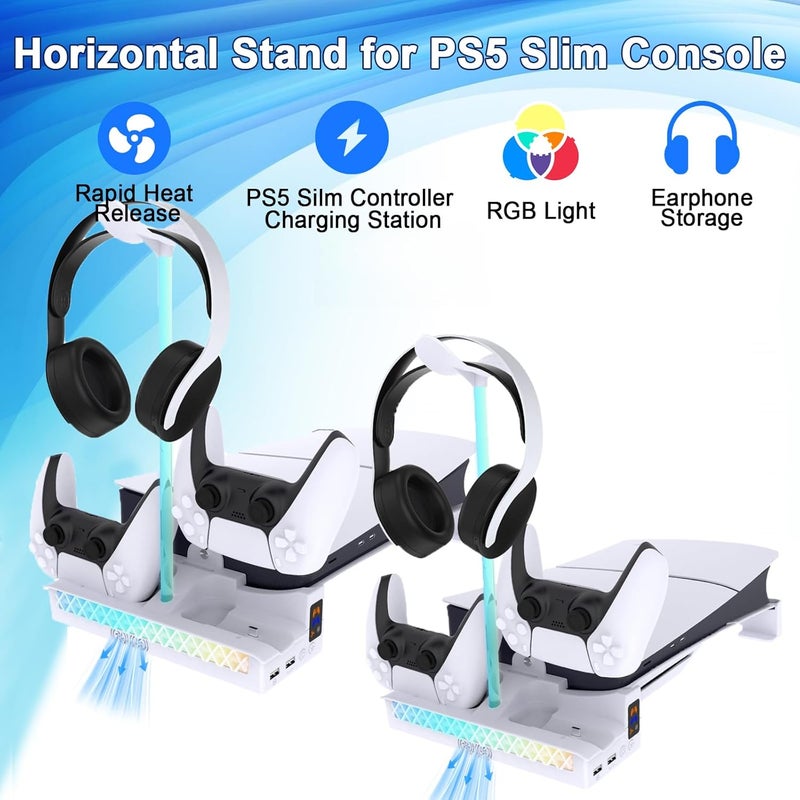 حامل أفقي RGB لوحدة تحكم PS5 Pro/Slim، حامل مع تبريد بالمروحة/شحن وحدة التحكم/تأثير ضوء RGB/حامل سماعات الرأس، حامل لـ Playstation 5 Slim/Pro إصدار القرص والرقمي - Image 2