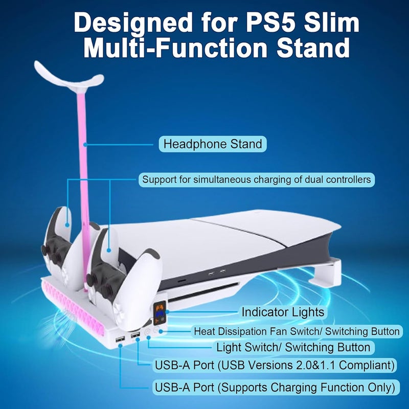 حامل أفقي RGB لوحدة تحكم PS5 Pro/Slim، حامل مع تبريد بالمروحة/شحن وحدة التحكم/تأثير ضوء RGB/حامل سماعات الرأس، حامل لـ Playstation 5 Slim/Pro إصدار القرص والرقمي - Image 3