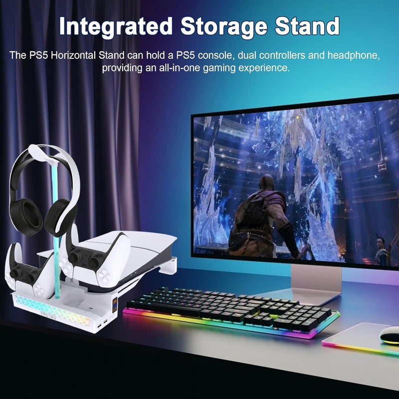 حامل أفقي RGB لوحدة تحكم PS5 Pro/Slim، حامل مع تبريد بالمروحة/شحن وحدة التحكم/تأثير ضوء RGB/حامل سماعات الرأس، حامل لـ Playstation 5 Slim/Pro إصدار القرص والرقمي - Image 5