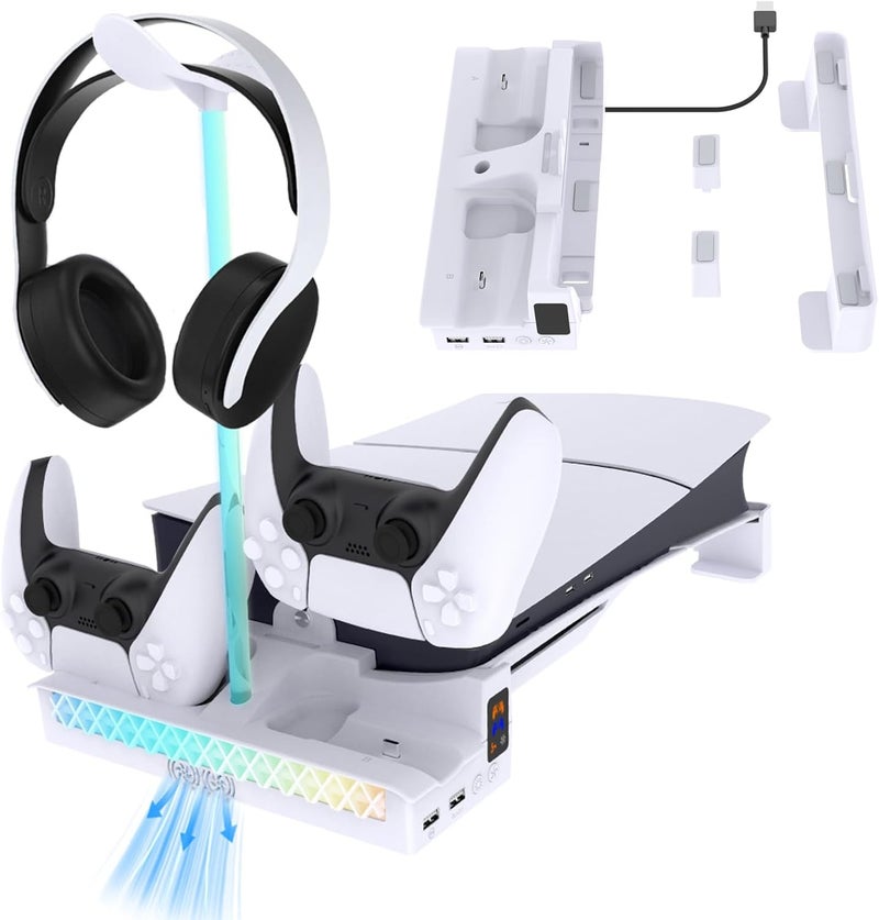 حامل أفقي RGB لوحدة تحكم PS5 Pro/Slim، حامل مع تبريد بالمروحة/شحن وحدة التحكم/تأثير ضوء RGB/حامل سماعات الرأس، حامل لـ Playstation 5 Slim/Pro إصدار القرص والرقمي - Image 1
