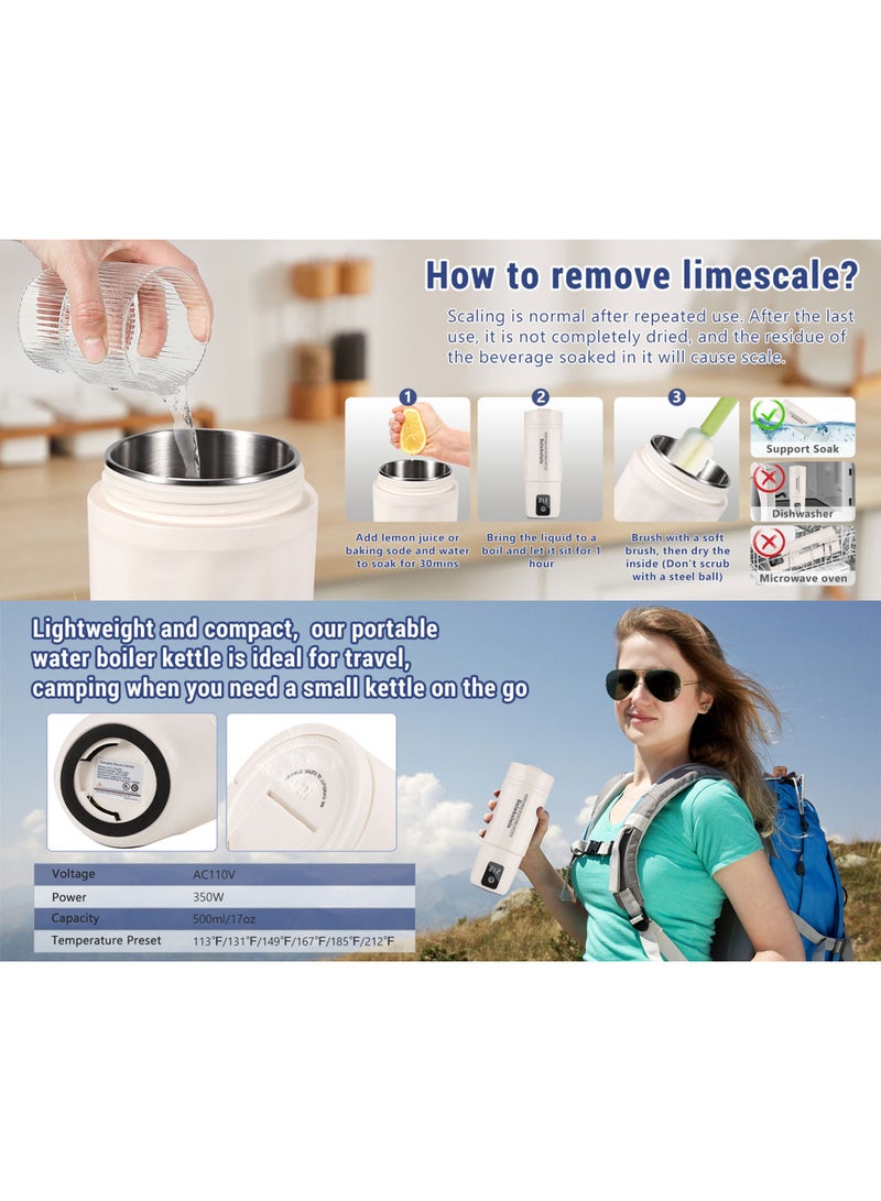 بالابولالا غلاية كهربائية للسفر ، غلاية مياه محمولة 500 مل مع 6 إعدادات مسبقة متغيرة ، غلاية كهربائية شخصية صغيرة مع مراقبة درجة الحرارة الدافئة والحماية الجافة من الغلي الأسود. - Image 4