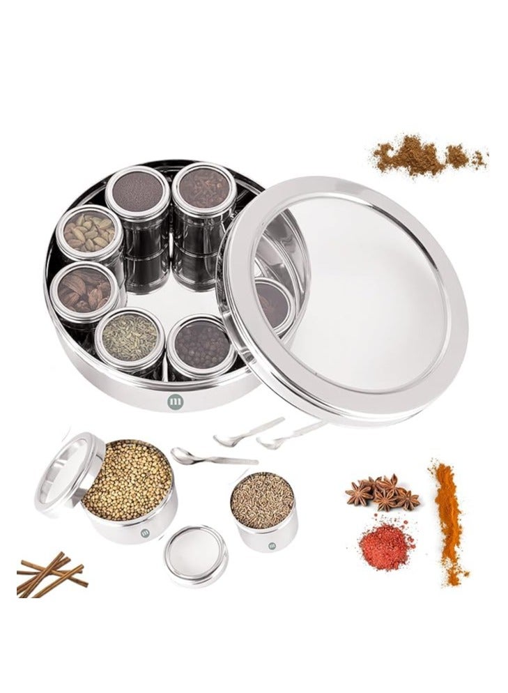 MARU 9 in 1 Spice Box Stainless Steel stylish Masala Box for Kitchen  9 containers 3 Spoons  Silver - Image 1