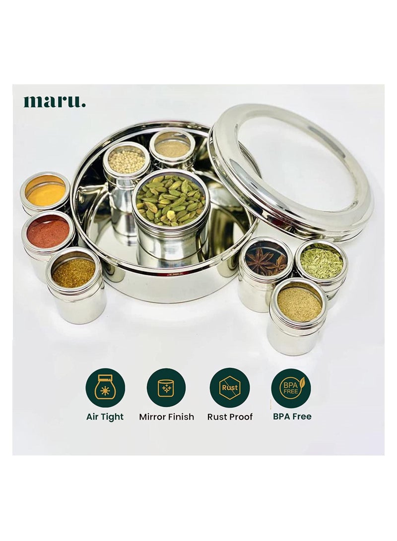 MARU 9 in 1 Spice Box Stainless Steel stylish Masala Box for Kitchen  9 containers 3 Spoons  Silver - Image 3